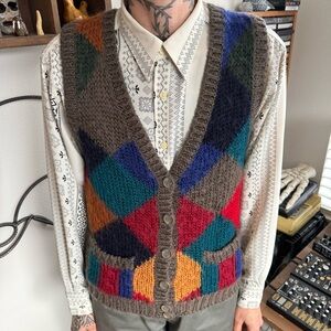 Vintage 80s Multicolored Wool Blend Diamond Knit Cardigan Sweater Vest~ Size S